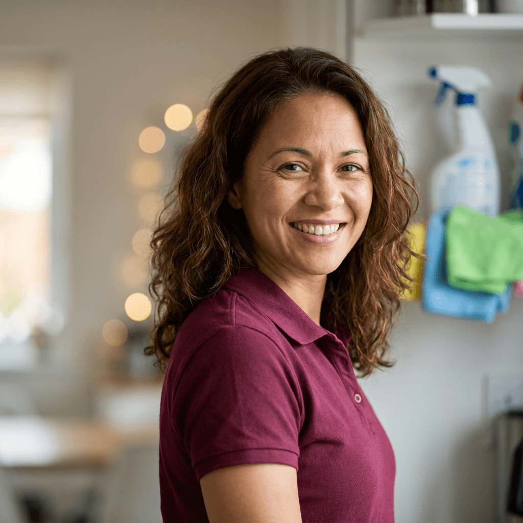 Sarah Mitchell smiling in her bright living room