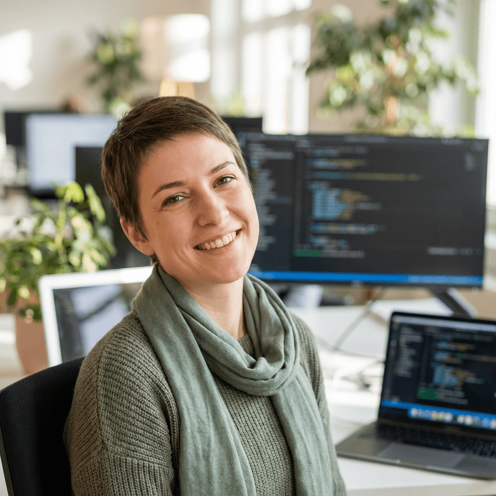Female office manager in her 40s smiling in an office