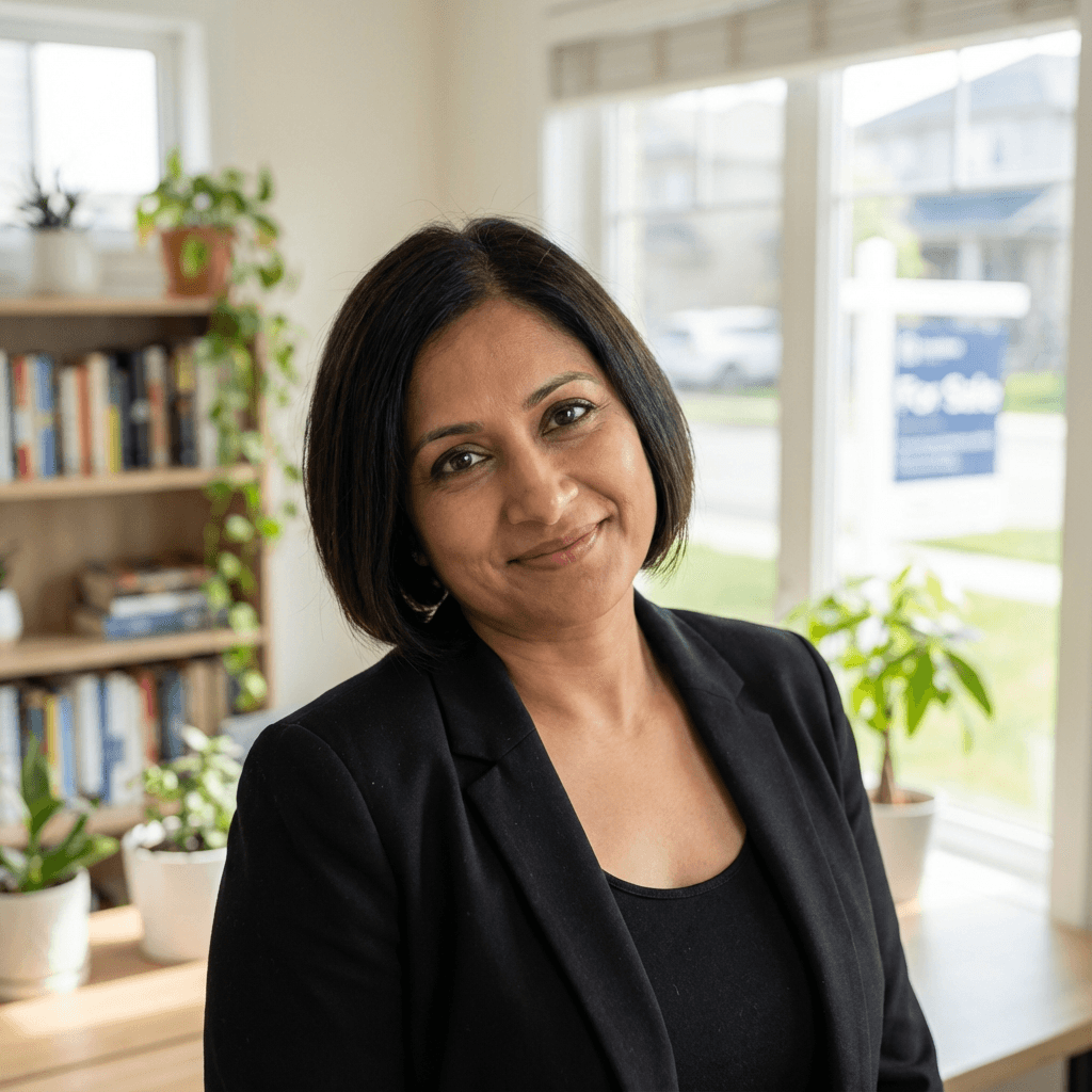 Priya Patel in a modern building lobby