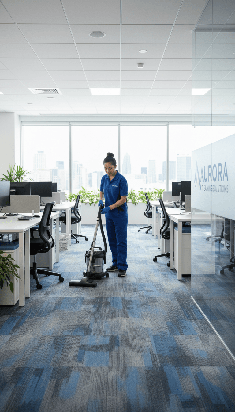 Cleaner vacuuming office carpet in bright commercial workspace