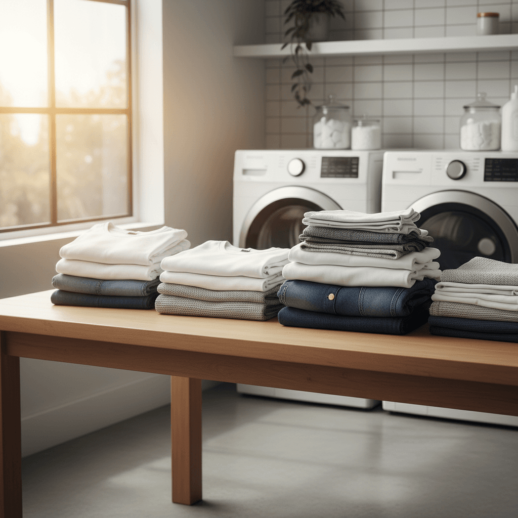 Neatly folded laundry on table in bright laundry room