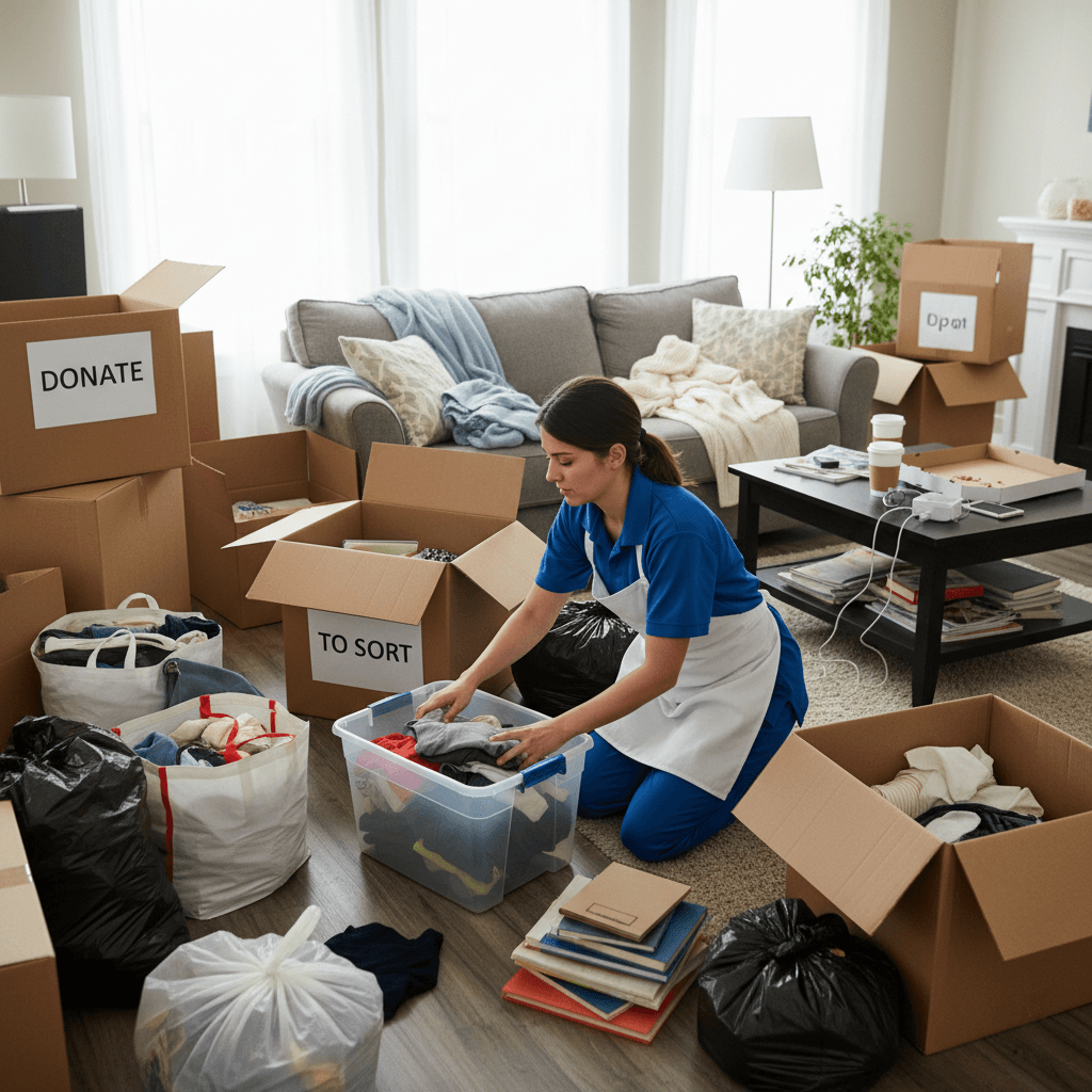 Cleaner organizing cluttered living room with boxes and bags