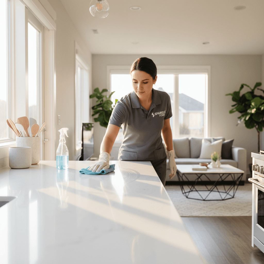 Professional cleaner wiping kitchen counter in bright modern home