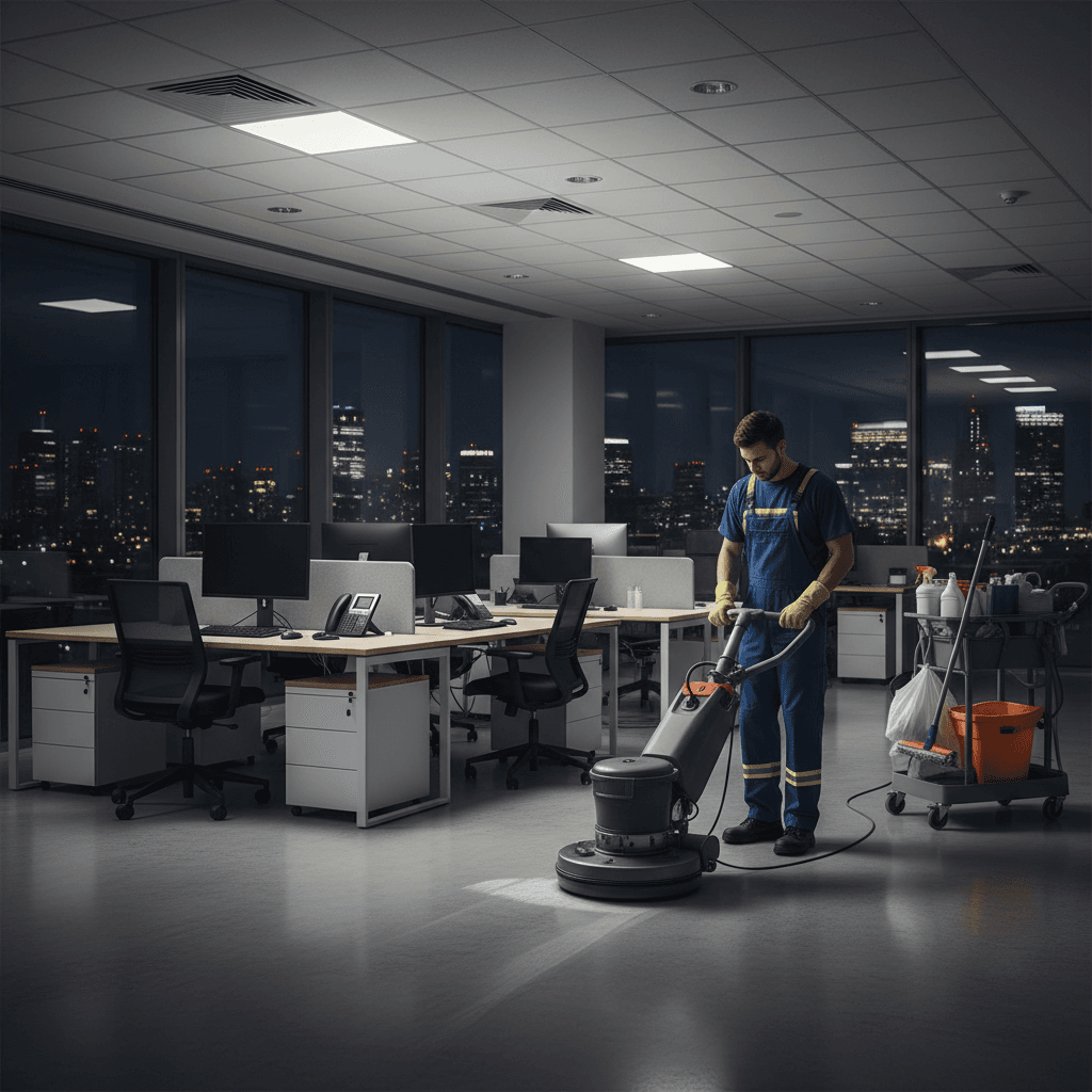 Janitor cleaning office desks and floors in commercial building