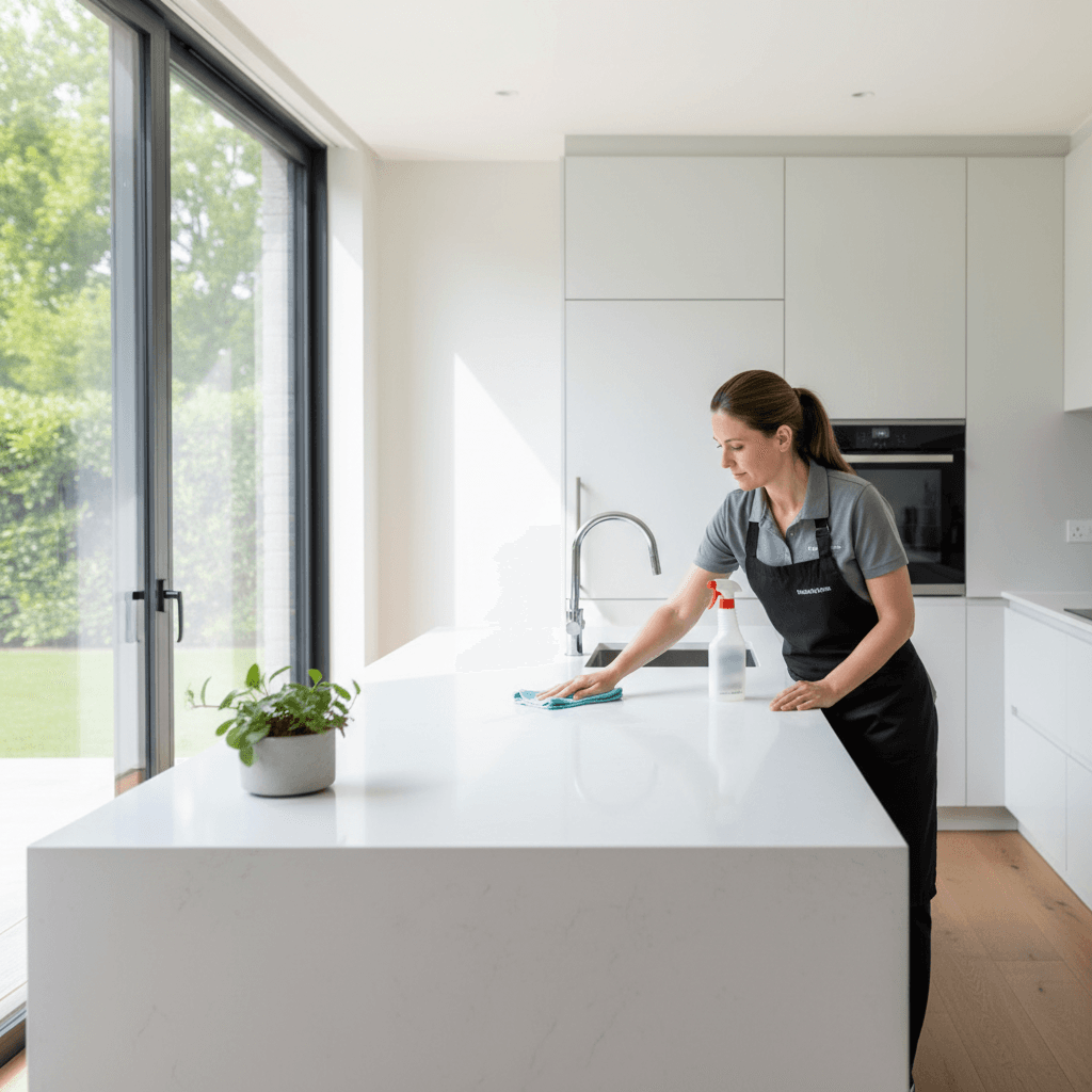 Professional cleaner wiping a kitchen counter in a bright modern home