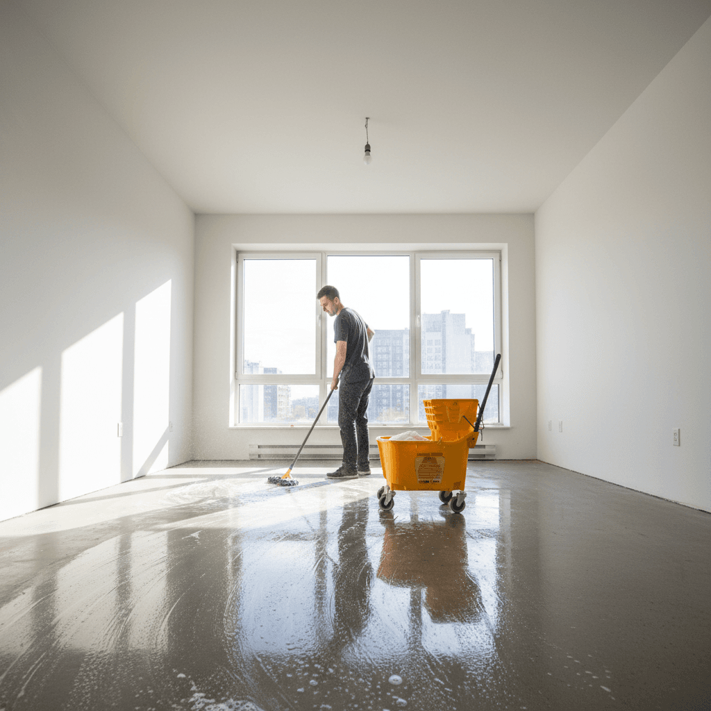 Empty apartment being cleaned with mop and bucket