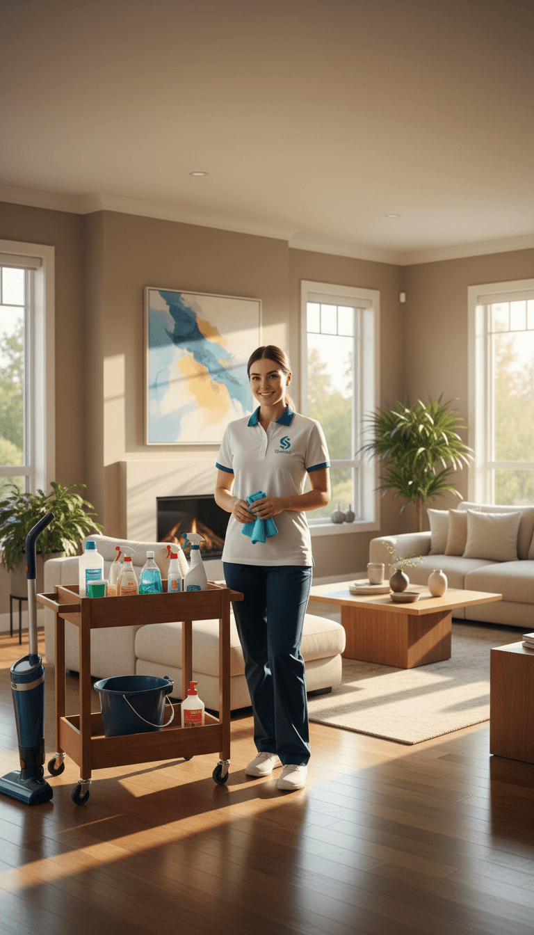 Professional cleaner tidying a bright modern living room
