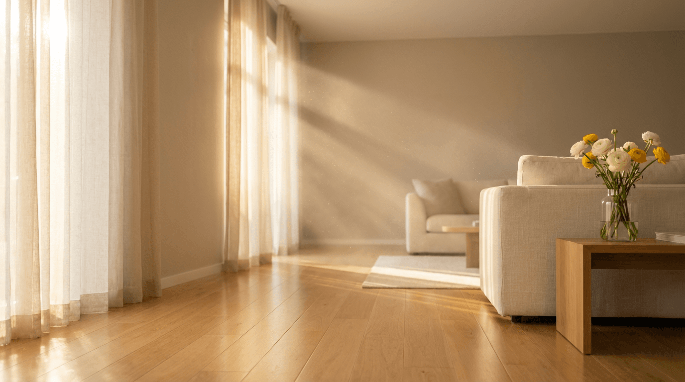 Clean fresh modern living room with sunlight and spotless surfaces