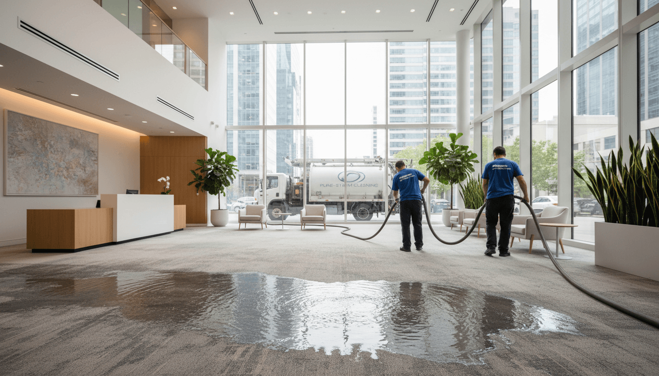 Cleaner vacuuming office carpet in bright commercial space with natural light