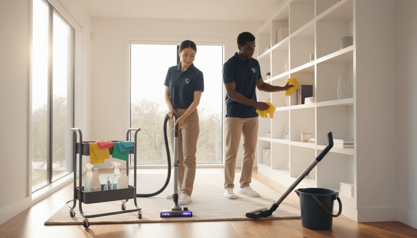Cleaning team working in a bright modern living room