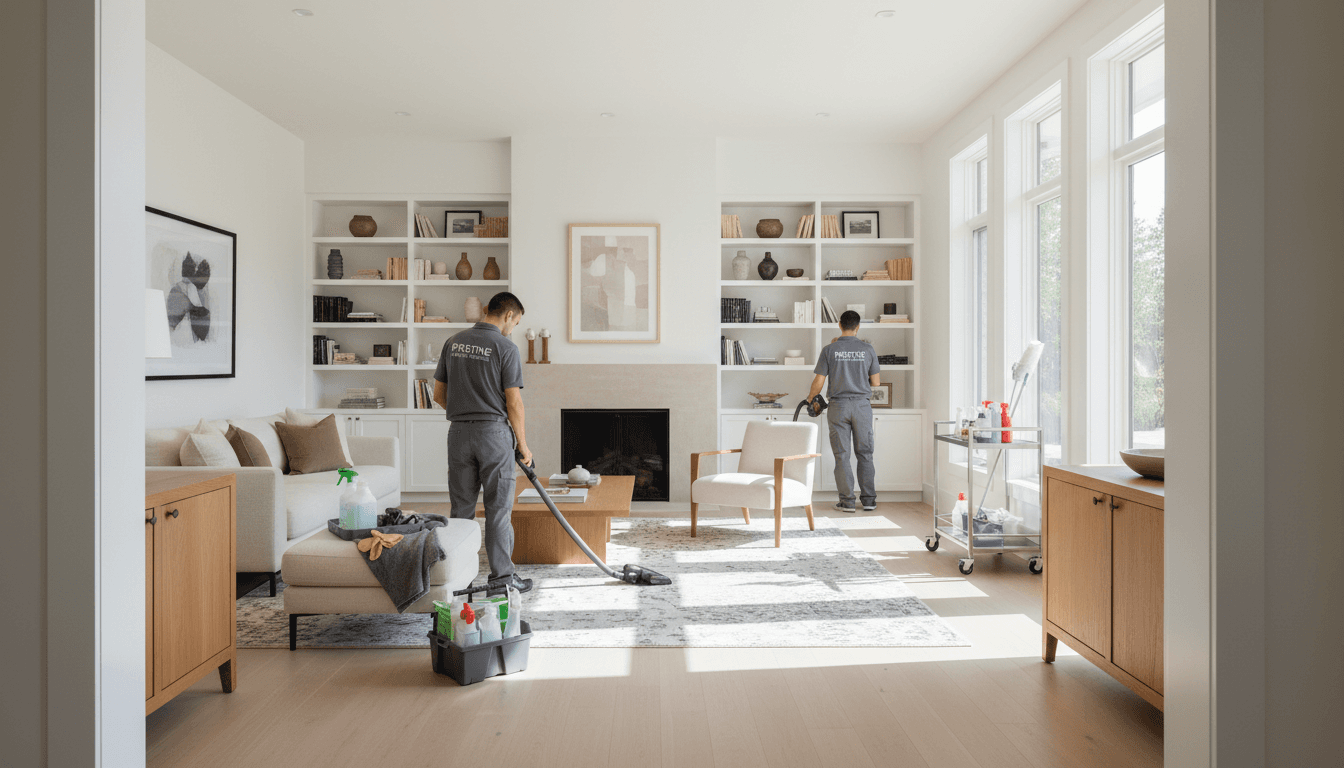 Cleaning crew in gloves and masks sorting items in a bright living room