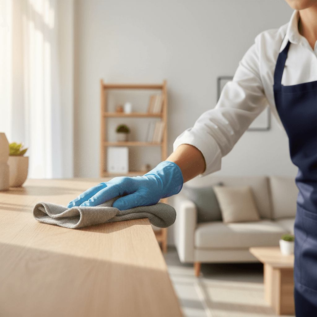 Professional cleaner reviewing a booking schedule on a tablet in a bright Tampa home