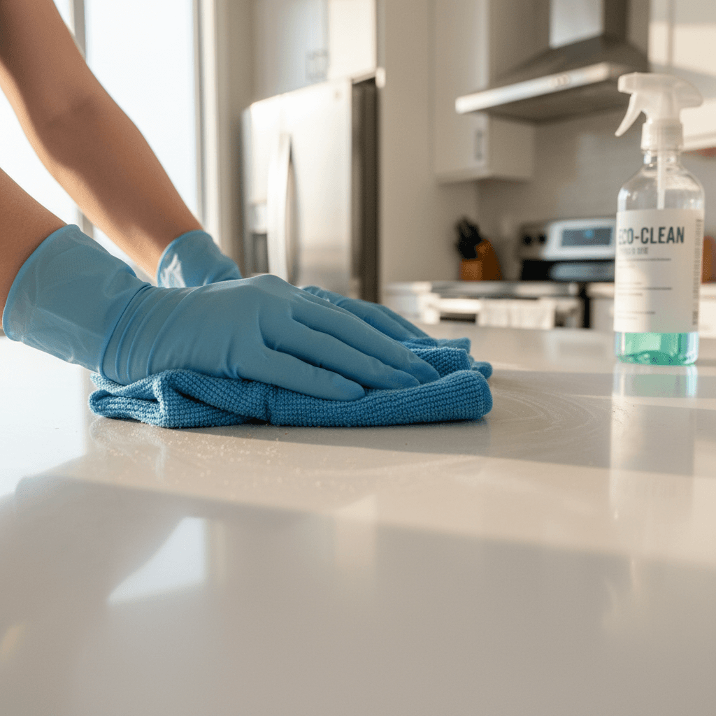 Person wiping a kitchen counter with a cloth in a bright modern home