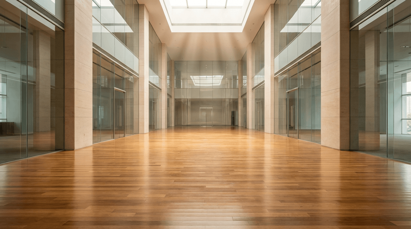 Clean empty office lobby with polished floors and neat reception desk