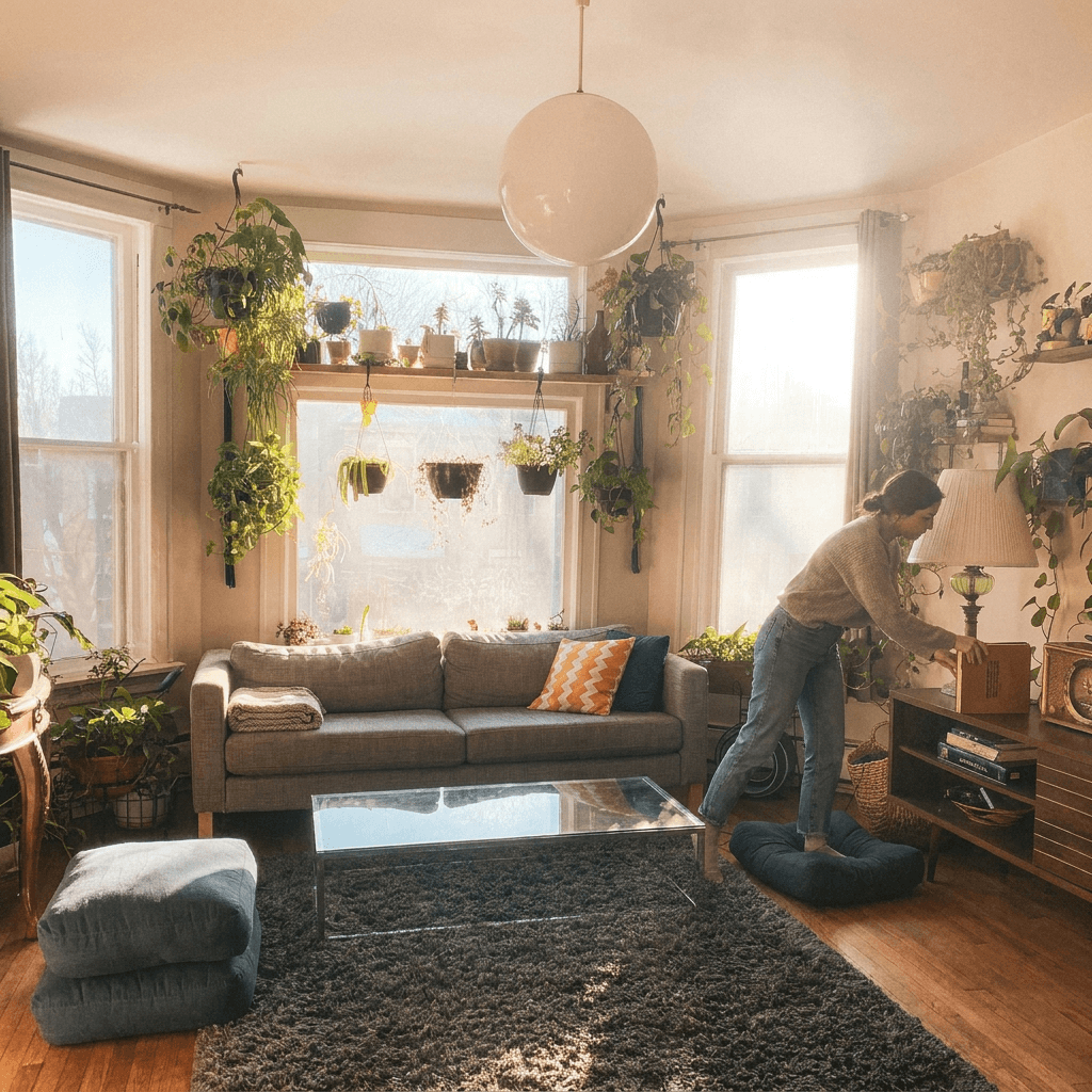 Tidy bright living room after organization with clean surfaces and clear floor