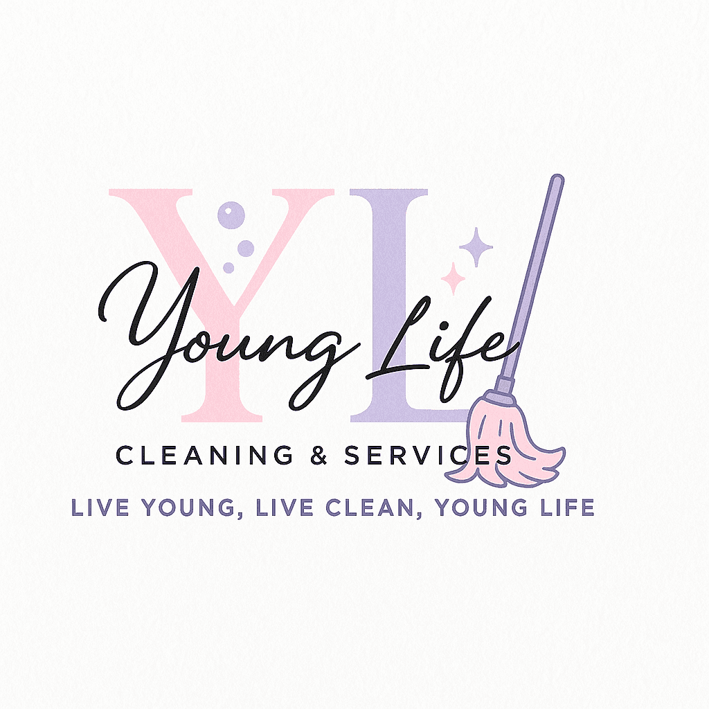 Young Life Cleaning & Services logo with pastel letters, cursive script, and a purple mop.